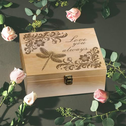 arricraft Dragonfly Theme Wooden Memory Keepsake Box, Love You Always Metal Knot Box with Hinged Lid and Lock Decorative Storage Box Stash Box for Photo Letter Souvenir Jewelry 7.6x9.6x4inch