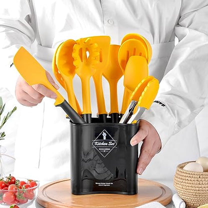 11pcs/set Yellow and Black Silicone Kitchen Utensils Set Kitchen Cooking Utensils With Holder Storage Heat Resistant Non-stick Cooking Tools Kitchen Gadgets Tools Set - color: Yellow and Black Kitchen Utensils