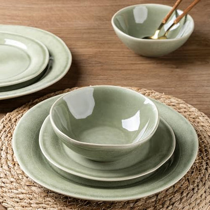AmorArc Ceramic Dinnerware Sets for 4, Handmade Plates and Bowls Sets | Stoneware Reactive Glaze Dish Set, Scratch Resistant, Dishware Set for Kitchen Wedding, Dishwasher & Microwave Safe, 12 Pcs - color: Olive Green