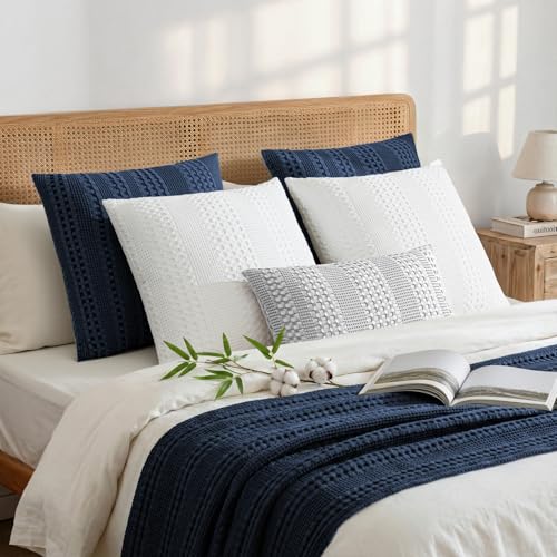a moment 2 Pack Bamboo Fiber Pillow Covers - Waffle Weave, Ultra Soft & Breathable, Skin-Friendly Cotton Throw Pillow for Couch, Sofa, Bedroom Living Room 18x18 Inch Navy Blue - color: Navy Blue, size: 18" x 18" (Pack of 2)