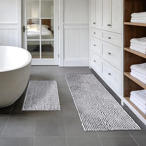 Chenille Bathroom Rugs Set 2 Piece, Absorbent Bath Rugs, Non-Slip Bath Mats, Machine Washable Rugs for Bathroom Floor, Tub and Shower, Grey&White (47 x 20 Plus 17 x 24 - Inch) - color: Gray & White-2