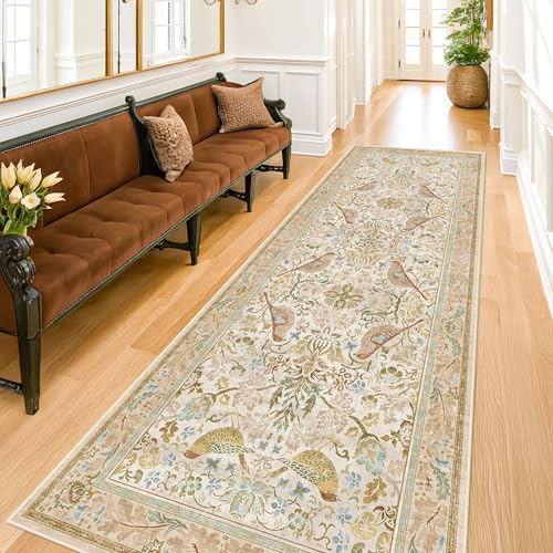 2'6"x8' Long Hallway Runner Rug - Vintage Botanical Wide Runners for Kitchen Bedroom Hall Way, Washable Non Slip with Rubber Backing, Beige Floral Décor - color: Beige, size: 2'6" x 8' (Runner)