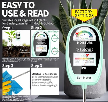 HSLGOVE Soil Test Kit, 2-in-1 Soil Moisture Meter/Soil PH Meter, Dual Screen Soil Tester, Soil Moisture Meter for Plants Watering/Gardening for Lawn,Farm Indoor&Outdoor Use-Pale Green