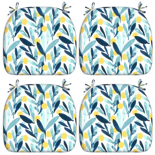 LVTXIII Patio Seat Cushions Outdoor Chair Pads with Ties, Water-Repellent Chair Cushions for Home Office and Patio Garden Furniture Decoration D16” x W17” x H2, Blue Leaves, Set of 4 - color: Blue Leaves, size: 4 Count (Pack of 1)