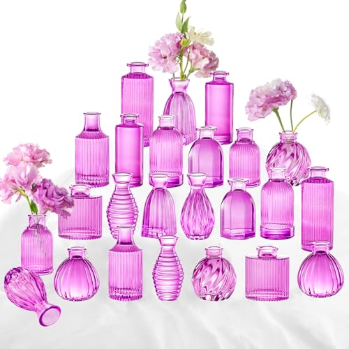 24PCS Bud Vases for Decor Cool Hot Pink Small Glass Flower Vase in Bulk Wedding Centerpieces Bridal Shower Decorations for Women - color: Hot Pink-purple, size: 2 Packs