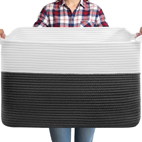 75L Large Blanket Storage Basket with Handles - White & Black | Extra-large clothes storage bin. Soft cotton, foldable, washable.Holds blankets, pillows for living room, bedroom, dorm. - color: Black & White, size: 22" X 17" X 12"