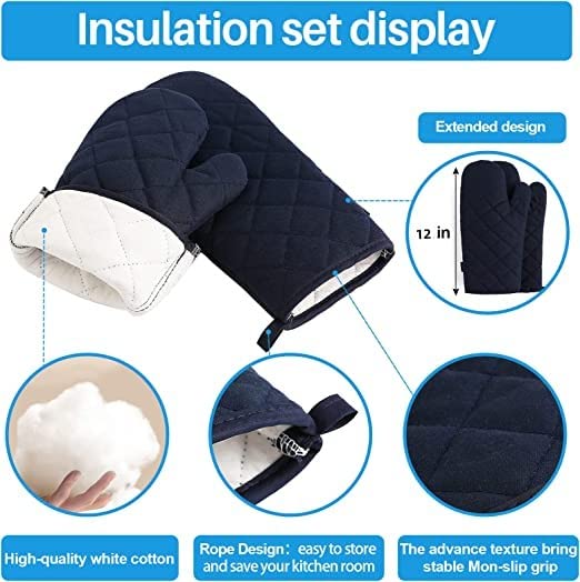 Oven Mitts and Pot Holders 4 pcs Set,High Heat Resistant 500 Degree Extra Thicken Long Kitchen Cotton Oven Glove for Cooking (12 Inch,Deep Blue) - color: Cotton-deep Blue
