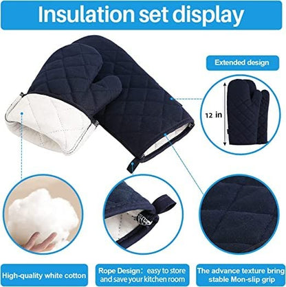 Oven Mitts and Pot Holders 4 pcs Set,High Heat Resistant 500 Degree Extra Thicken Long Kitchen Cotton Oven Glove for Cooking (12 Inch,Deep Blue) - color: Cotton-deep Blue