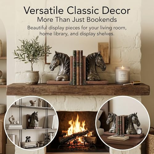 Heavy Duty Horse Bookends, 2.91lbs Resin Elegant Decorative Book Ends with Non-Slip Pads, Classic Animal Bookends for Bookshelf Office Desk Decor, Meaningful Home Décor Gift (Pair, 7.5") | Heavy Duty Weighted Design with Non-Slip Pads, Classic Animal Deco