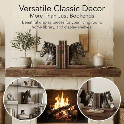 Heavy Duty Horse Bookends, 2.91lbs Resin Elegant Decorative Book Ends with Non-Slip Pads, Classic Animal Bookends for Bookshelf Office Desk Decor, Meaningful Home Décor Gift (Pair, 7.5") | Heavy Duty Weighted Design with Non-Slip Pads, Classic Animal Deco