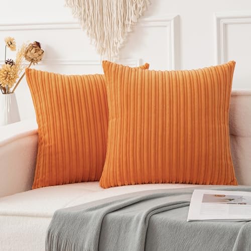 UGASA Fall Decorative Soft Velvet Stripe Pillow Covers Set of 2 Solid Corduroy Textured Euro Cushion Cases for Couch Bedroom Sofa Farmhouse, 18x18 Inch, Orange - color: Orange, size: 18" x 18" (Pack of 2)