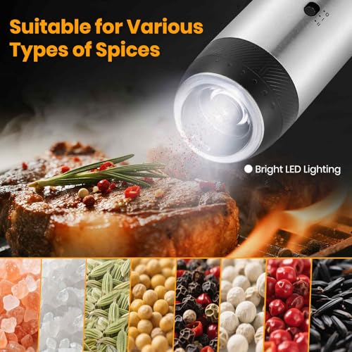 Gravity Electric Salt Grinder Set,Stainless Steel 2 Pack | with Variable Grinding Speed, External Adjustable Coarseness, One Hand Operation - color: Stainless Steel