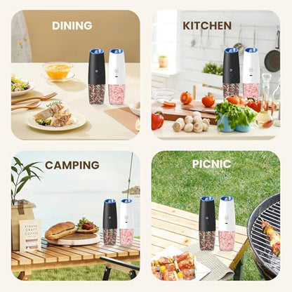 Rechargeable Gravity Salt Pepper Grinder Set, 2 Pack(Black&White) | Gravity Automatic Grinder With LED Light & Adjustable Roughness, Rechargeable Seasoning Tool For Kitchen Use - color: Rechargeable/Set/Black+White