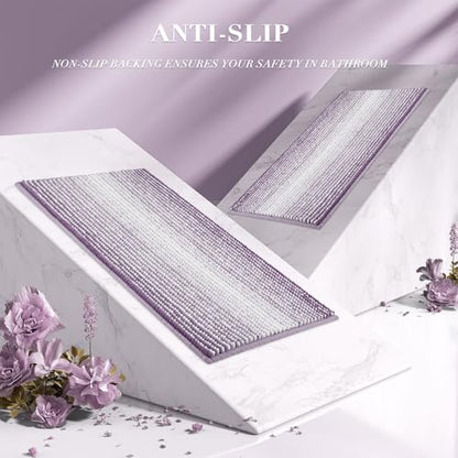 Bathroom Rugs Sets 3 Piece, Toilet Rugs U-Shaped Contour Bath Mat Set, Striped Absorbent Non Slip Chenille Shower Mat, Lavender Purple - color: Lavender Purple, size: 20"x32"+16"x24"+U Shape 20"x24"