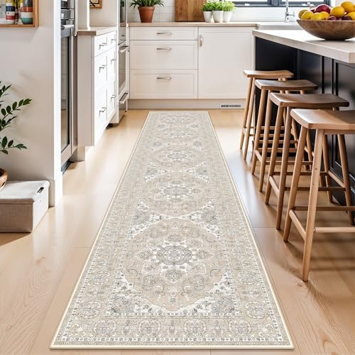 Washable Kitchen Runner Rug 2x10: Non-Slip Hallway Entryway Rugs with Rubber Backing Stain Resistant Soft Thin Low Pile Carpet for Bedroom Indoor Vintage Home Decor Mat for Bathroom (Beige/Cream,2x10) - color: Beige/Cream, size: 2' x 10' (Runner)