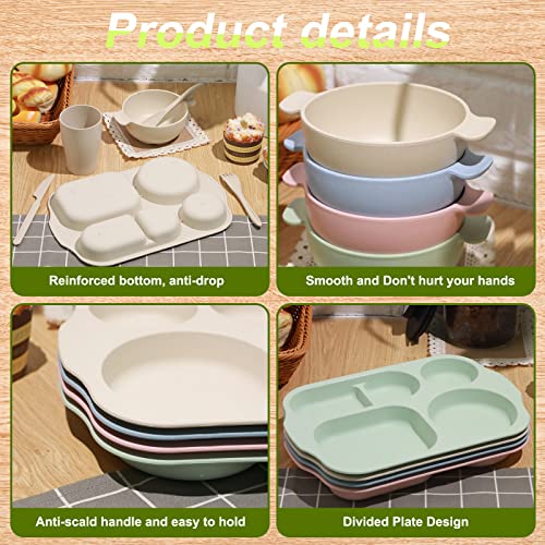 Honoson 24 Pcs Wheat Straw Dinnerware Cutlery Set, Service for 4, Unbreakable Plates and Bowls Set - Divided Plates, Bowls, Spoons, Forks & Knives, Microwave & Dishwasher Safe(Beige/pink/green/blue) - color: Beige/Pink/Green/Blue