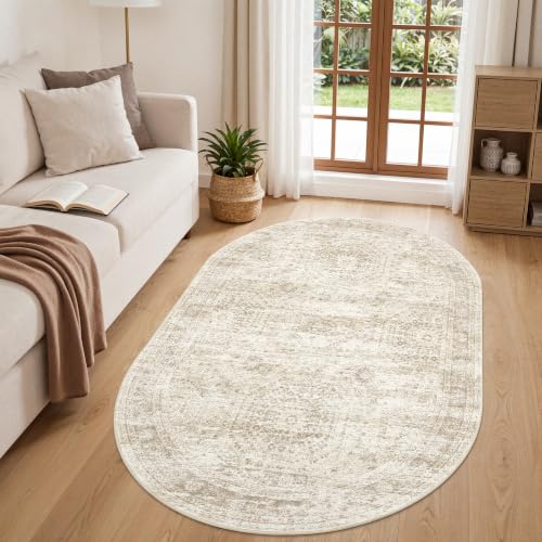3x5 Oval Rug for Bedroom,Washable Area Rug,Beige | Small Rug for Dining Room,Living Room,Dorm,Thin,Soft, Neutral Rug,Stain Resistant Indoor Carpet,Non Slip - color: Beige/Ivory, size: 3' x 5' (Oval)