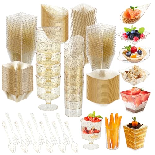 160 Pcs Mini Appetizer Plates Dessert Cups Spoons Forks Set Dessert Containers Assorted Shape Plastic Parfait Cups Disposable Spoon Forks for Party Serving (Gold) - color: Gold