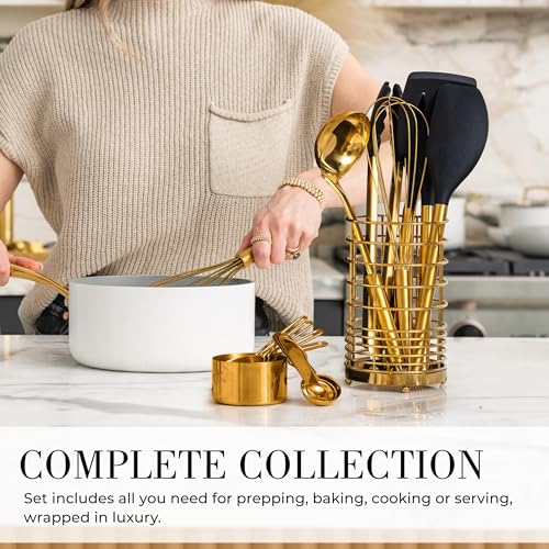 Styled Settings Black and Gold Kitchen Utensils Set, 15-Piece | Nonstick BPA-Free Silicone Cooking Utensils with Measuring Cups and Spoons - Luxury Kitchen Accessories for Stylish Cooking - color: 15 Piece Black & Gold