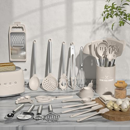 Kitchen Utensils Set-Umite Chef 34 Pcs Silicone Cooking Utensils Set for Nonstick Cookware-Silicone Spatulas Set, Stainless Steel Handle-Khaki Kitchen Gadgets Tools, Pots and Pans Accessories - color: Khaki