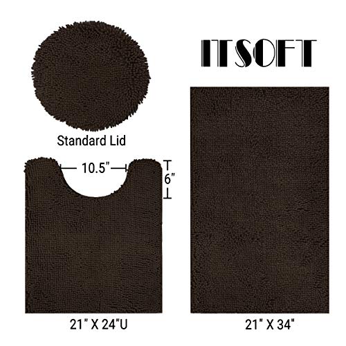 Standard 3pc Non-Slip Shaggy Chenille Bathroom Mat Set, Includes 24"x21" U-Shaped Contour Toilet Rug, 34"x21" Bathmat and 1 Toilet Lid Cover, Chocolate Brown - color: Chocolate Brown, size: 24''x21’’, 34’’x21’’ and TLC (Set)
