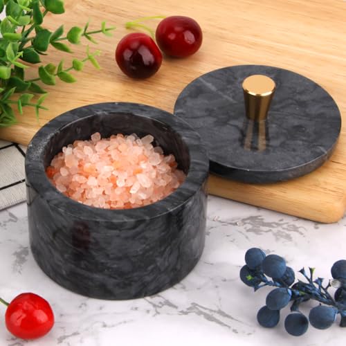 Marble Salt Cellar with Lid, Dark Grey, 4 inch | Natural Stone, Salt Pepper Box, Gold Alloy Handle, Kitchen Countertop Storage, Multi-Use, Sugar Spice Seasoning Container - color: Dark Gray