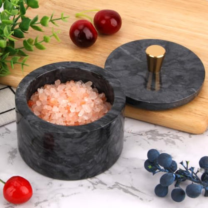 Marble Salt Cellar with Lid, Dark Grey, 4 inch | Natural Stone, Salt Pepper Box, Gold Alloy Handle, Kitchen Countertop Storage, Multi-Use, Sugar Spice Seasoning Container - color: Dark Gray