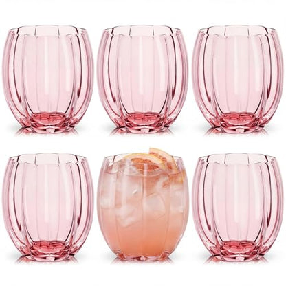 Remerry 6 Pack Pink Stemless Glasses Petal Glass 12oz (350ml) Wine Glass Cups Hand Blown Drinking Glasses for Cocktail, Juice & Various Mixed Drinks for Galentine Wedding Party Reception Grand Event - color: Pink