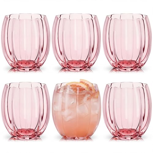 Remerry 6 Pack Pink Stemless Glasses Petal Glass 12oz (350ml) Wine Glass Cups Hand Blown Drinking Glasses for Cocktail, Juice & Various Mixed Drinks for Galentine Wedding Party Reception Grand Event - color: Pink