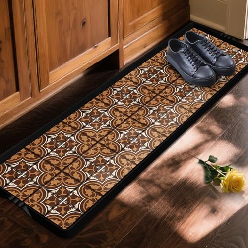 BEHERO Boot Tray Shoe Mat Decorative Patterned, Rubber Boot Matt Tray Indoor and Outdoor Use, 16" x47.5" Shoe Cleaning Mat Non-Slip, Shoe Storage Waterproof with Artistic Prints for Entryway (Brown) - color: Amber Brown, size: 1'4" x 3'11" (Rectangular)