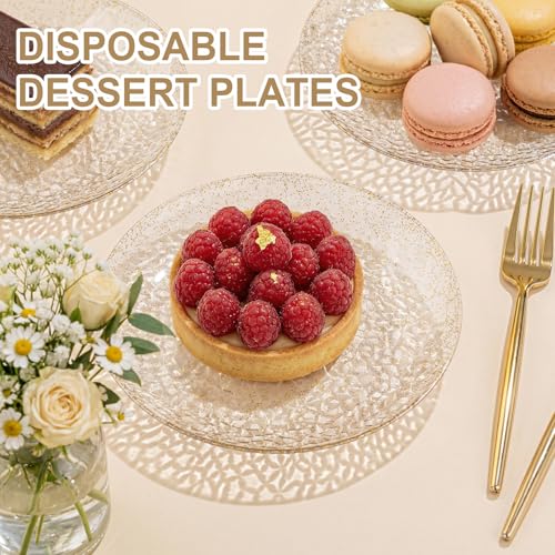 Rubtlamp 200pcs Gold Glitter Plastic Dessert Plates, Hammered 6 Inch Small Plates, Heavy Duty Appetizer Plate with 100 Gold Small Forks, Fancy Cake Snack Plate for Birthday Wedding Teatime - color: Gold glitter