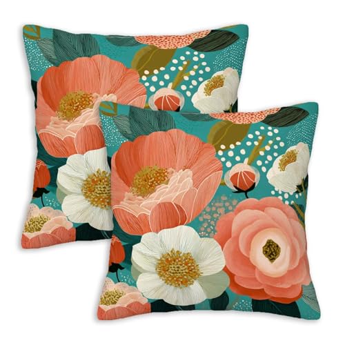 Retro Floral Throw Pillow Covers 18x18 Set of 2 | Mid Century Modern Flower Decorative Cushion Covers for Couch Sofa Living Room | Colorful Botanical Pillowcases for Bedroom Home Decor - color: Abstract Floral