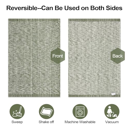 Washable Sage Green Kitchen Runner Rug 2x5 Foyer Hallway Runner Rug | Hand-Woven Reversible Entryway Rug Indoor, Cotton Modern Bedroom Carpet Rugs, Farmhouse Bathroom Rugs, Soft Laundry Room Mat - color: Sage Green/Cream, size: 2' x 5' (Rectangular)