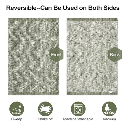 Washable Sage Green Kitchen Runner Rug 2x5 Foyer Hallway Runner Rug | Hand-Woven Reversible Entryway Rug Indoor, Cotton Modern Bedroom Carpet Rugs, Farmhouse Bathroom Rugs, Soft Laundry Room Mat - color: Sage Green/Cream, size: 2' x 5' (Rectangular)