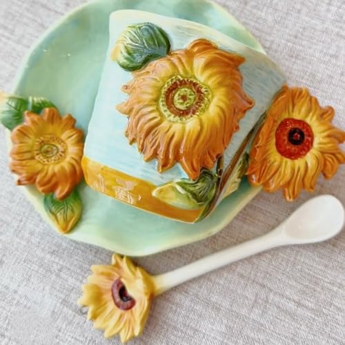 Ceramic Sunflower Coffee Mug and Saucer set with Spoon,3D Handmade and Hand-painted Tea Mug, 6OZ