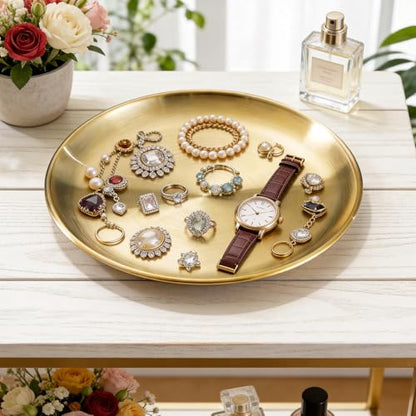 6 Pcs 12 Inch Round Gold Tray - Large Gold Tray Decorative Serving Bar Dish Key Bowl Mirror Dresser Vanity Tray for Jewelry Makeup Organizer, Bathroom, Candle, Perfume, Countertop