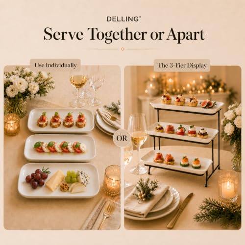 DELLING 3 Tier Serving Tray for Dessert Table Display, 12 Inch Porcelain Tiered Serving Stand - White Serving Platters for Party Entertaining, Collapsible Stand for Baby Shower Birthday Wedding - size: 12 Inch