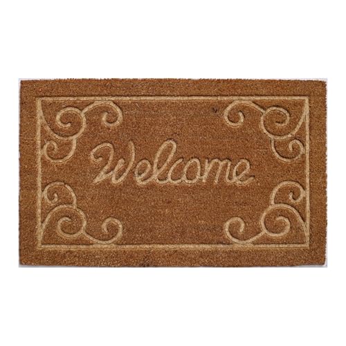 Embossed Welcome Coir Doormat Natural Coconut Fiber Entry Mat Non Slip Backing Heavy Duty Indoor Outdoor Front Door Porch Dirt Trapper Durable Decorative Welcome Rug