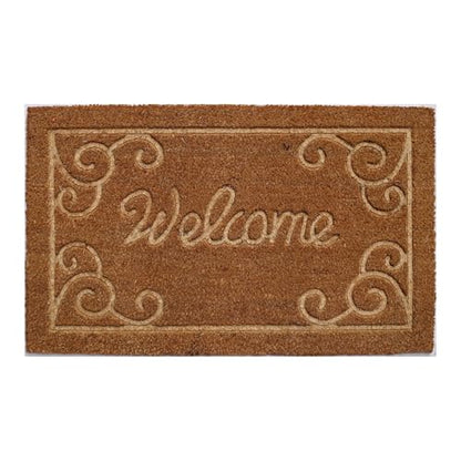Embossed Welcome Coir Doormat Natural Coconut Fiber Entry Mat Non Slip Backing Heavy Duty Indoor Outdoor Front Door Porch Dirt Trapper Durable Decorative Welcome Rug