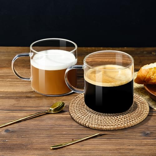 PARACITY Glass Mug Set of 2, 14.2 fl oz Clear Coffee Cups with Handles | Borosilicate bodies have wide mouths, grips and raised bases for latte, cappuccino, tea, hot drinks or water - size: 14.2 Ounces
