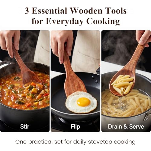 HANSGO Wooden Spoons for Cooking, 3PCS Kitchen Utensils Set for Nonstick Pans, 12Inch Wooden Spatula for Stirring Frying Mixing, Sturdy & Smooth Edges, Kitchen Gifts for Women, Cooking Gifts for Men