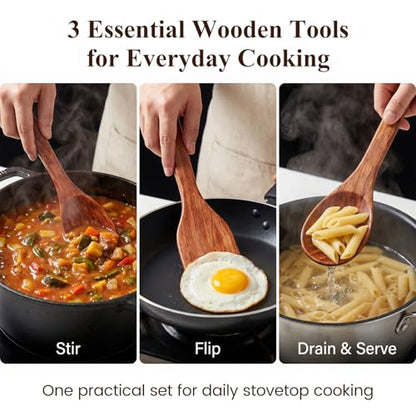 HANSGO Wooden Spoons for Cooking, 3PCS Kitchen Utensils Set for Nonstick Pans, 12Inch Wooden Spatula for Stirring Frying Mixing, Sturdy & Smooth Edges, Kitchen Gifts for Women, Cooking Gifts for Men