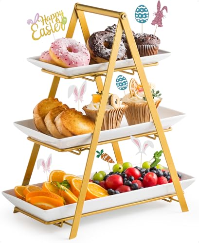 YHOSSEUN 3 Tier Serving Tray, 10+12+14 Inch Serving Platters and Tray, Gold | Porcelain Tiered Tray Stand, 3 Tiered Serving Stand Dessert Stands Treat Table Display Set with Collapsible Sturdier Rack - color: D-Gold Stand, size: 10+12+14 Inches