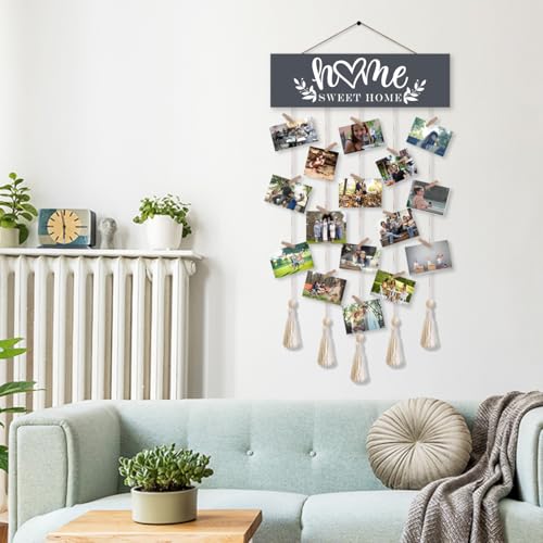Home Sweet Home Family Hanging Display Board with 16 Clips, Rustic Wood Picture Collage Frame with Tassels Farmhouse Wall Decor - color: Home Sweet Home