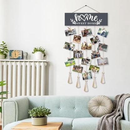 Home Sweet Home Family Hanging Display Board with 16 Clips, Rustic Wood Picture Collage Frame with Tassels Farmhouse Wall Decor - color: Home Sweet Home