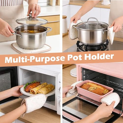 10 Pcs Kitchen Oven Mitts and Potholders Set with Hook and Oil Brush, Cooking Mittens Heat Resistant 500°F Silicone Oven Mittens for Kitchen Baking Cooking BBQ (Cream)