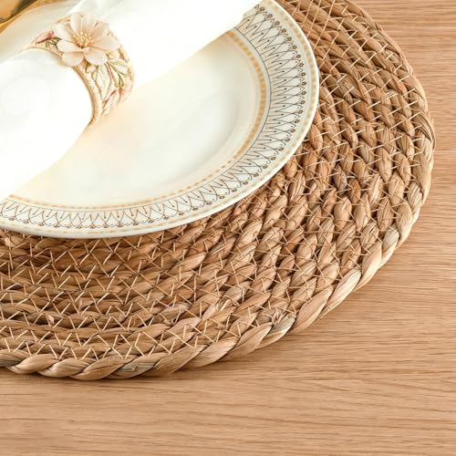 8 Pack 12 Inch Round Wicker Woven Placemats | Natural water hyacinth braided rattan mats, boho farmhouse style for indoor & outdoor table decor - size: 12 Inch Set of 8