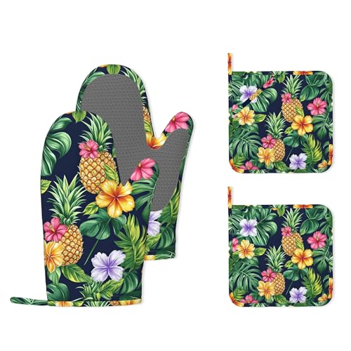 Pineapple Heat-Resistant Silicone Oven Mitts and Pot Holders,Hawaiian Tropical Palm Leave Flower Long Oven Gloves with Non-Slip Grip for Cooking, Baking, Grilling,BBQ - color: Pineapple Hawaiian Tropical Palm Leave Flower