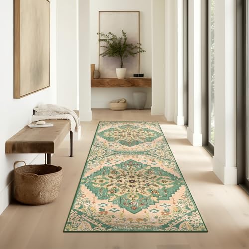 Ashler Runner Rugs 2x6, Ultra-Thin Boho Hallway Rug, Vintage Long Rugs for Entryway, Kitchen, Bedroom, Green/Beige Rug Home Decor, Moroccan Low-Pile Non-Slip & Machine Washable - color: H-green/Beige, size: 2' x 6' (Runner)