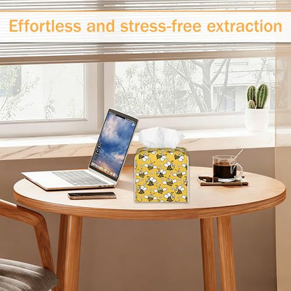 Bee 2 Pcs Tissue Box Cover Square, Cute Cartoon Bees Tissue Box Holder Waterproof Leather Facial Paper Organizer Dispenser for Bathroom Home Car Nightstand - color: Cartoon Bees